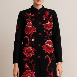 Indigo Moon Black Jacket with bright embroidery. Fun colors